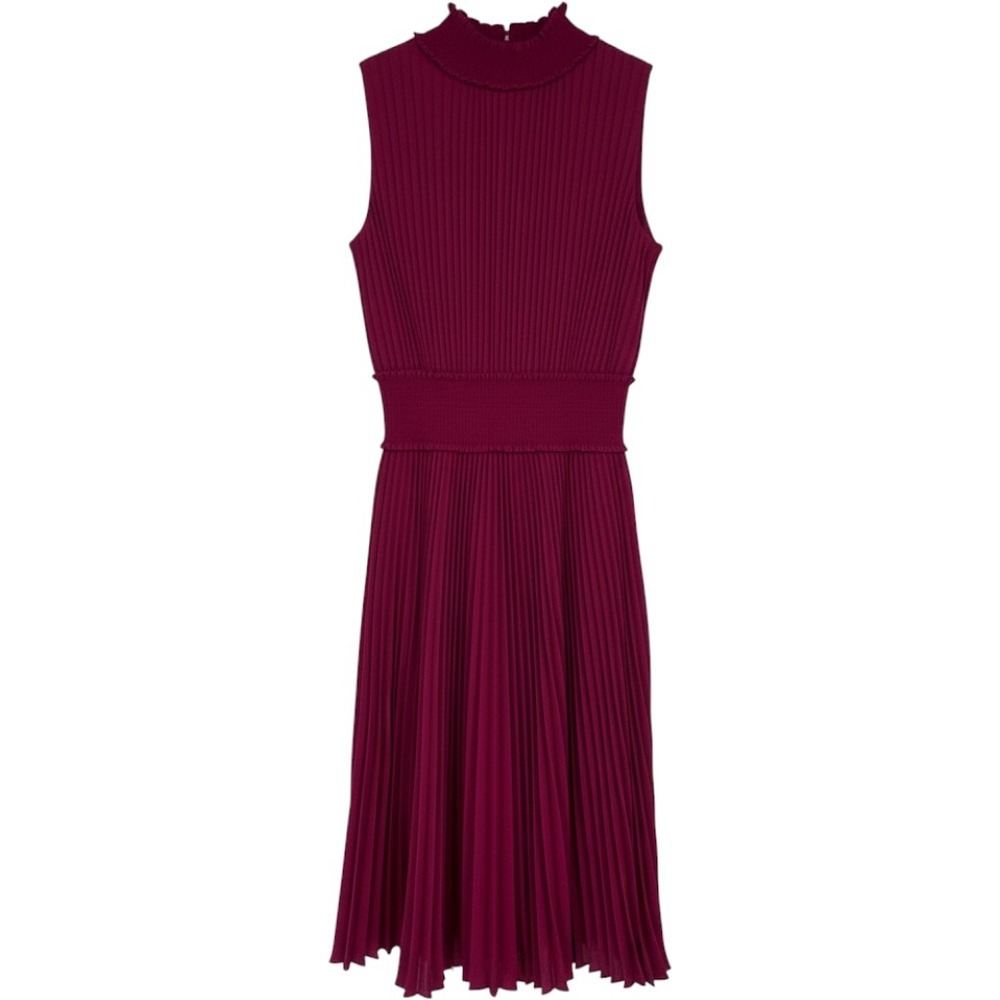 Nanette Lepore Dress Women 4 Pleated Midi Magenta Mock Neck Ruffle Cocktail Work